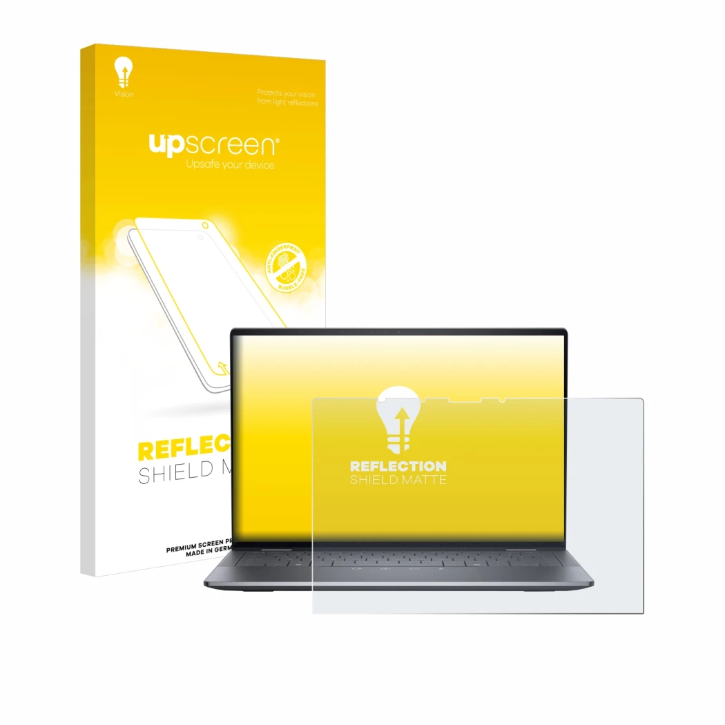 Parte frontal de un envase de producto con el logotipo de la marca upscreen. Al lado se muestra el dispositivo Dell Latitude 9