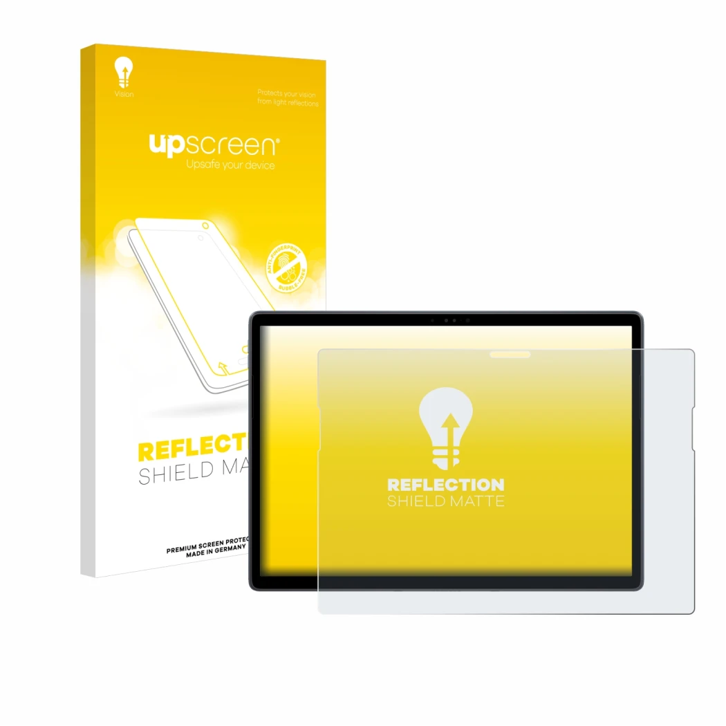 Parte frontal de un envase de producto con el logotipo de la marca upscreen. Al lado se muestra el dispositivo Dell Latitude 7