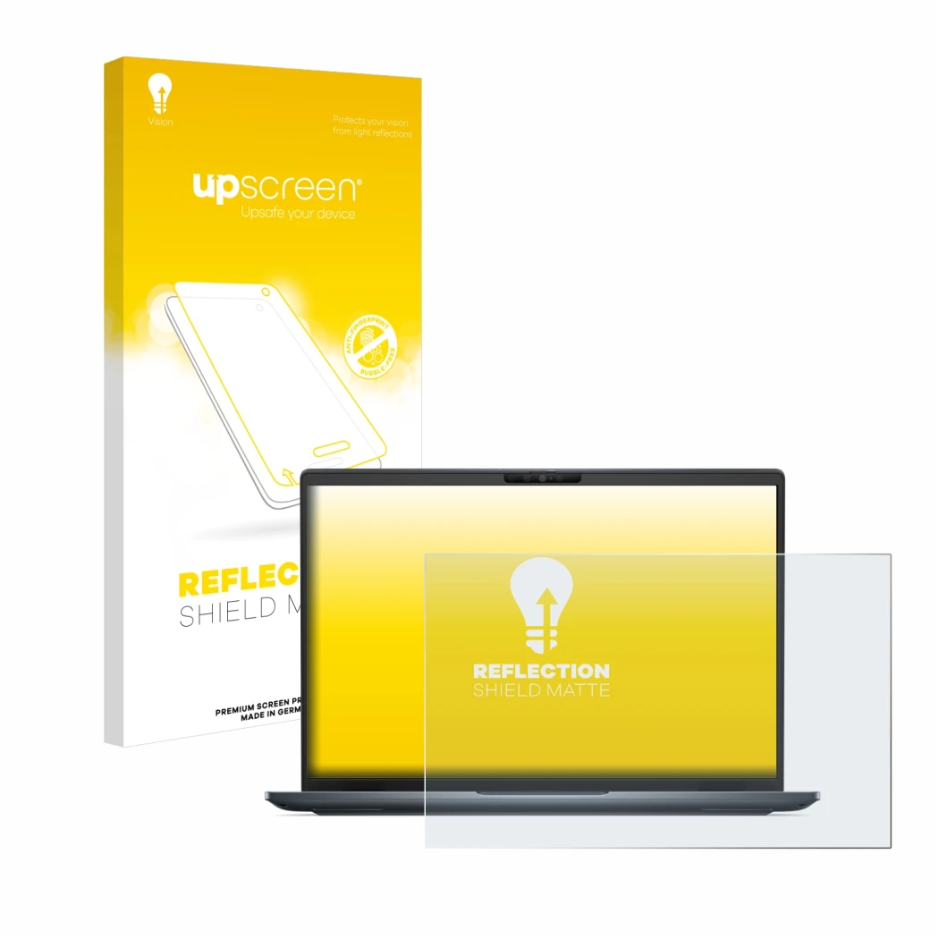 Parte frontal de un envase de producto con el logotipo de la marca upscreen. Al lado se muestra el dispositivo Dell Latitude 7