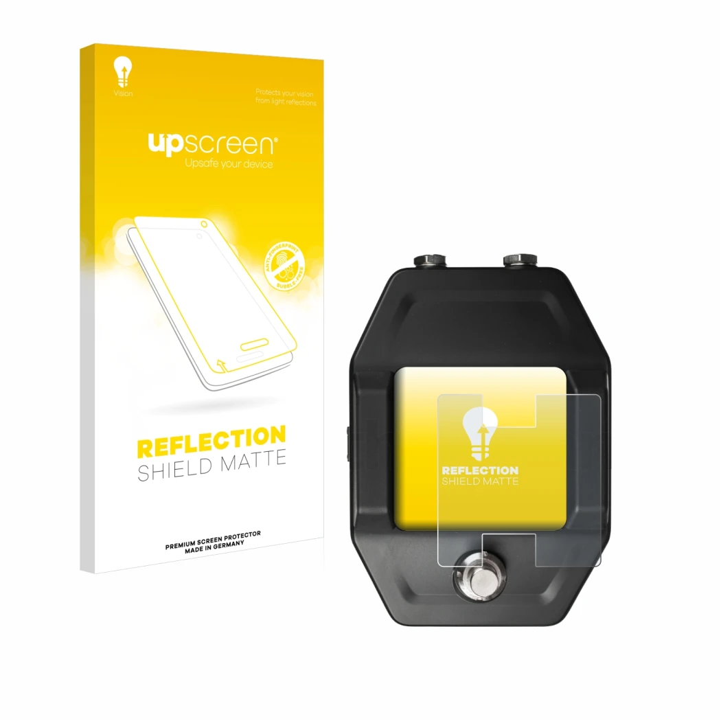 Parte frontal de un envase de producto con el logotipo de la marca upscreen. Al lado se muestra el dispositivo Shure GLXD16+ c