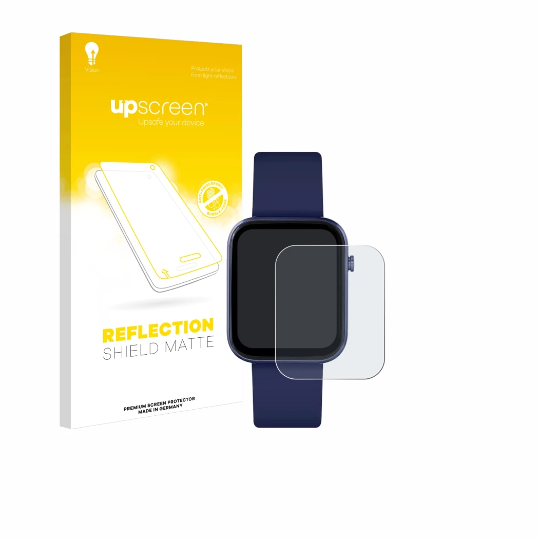 Parte frontal de un envase de producto con el logotipo de la marca upscreen. Al lado se muestra el dispositivo Reflex Active S