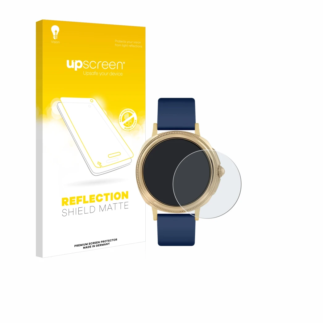 Parte frontal de un envase de producto con el logotipo de la marca upscreen. Al lado se muestra el dispositivo Reflex Active S