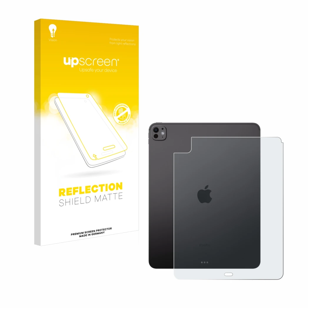 Parte frontal de un envase de producto con el logotipo de la marca upscreen. Al lado se muestra el dispositivo Apple iPad Pro 