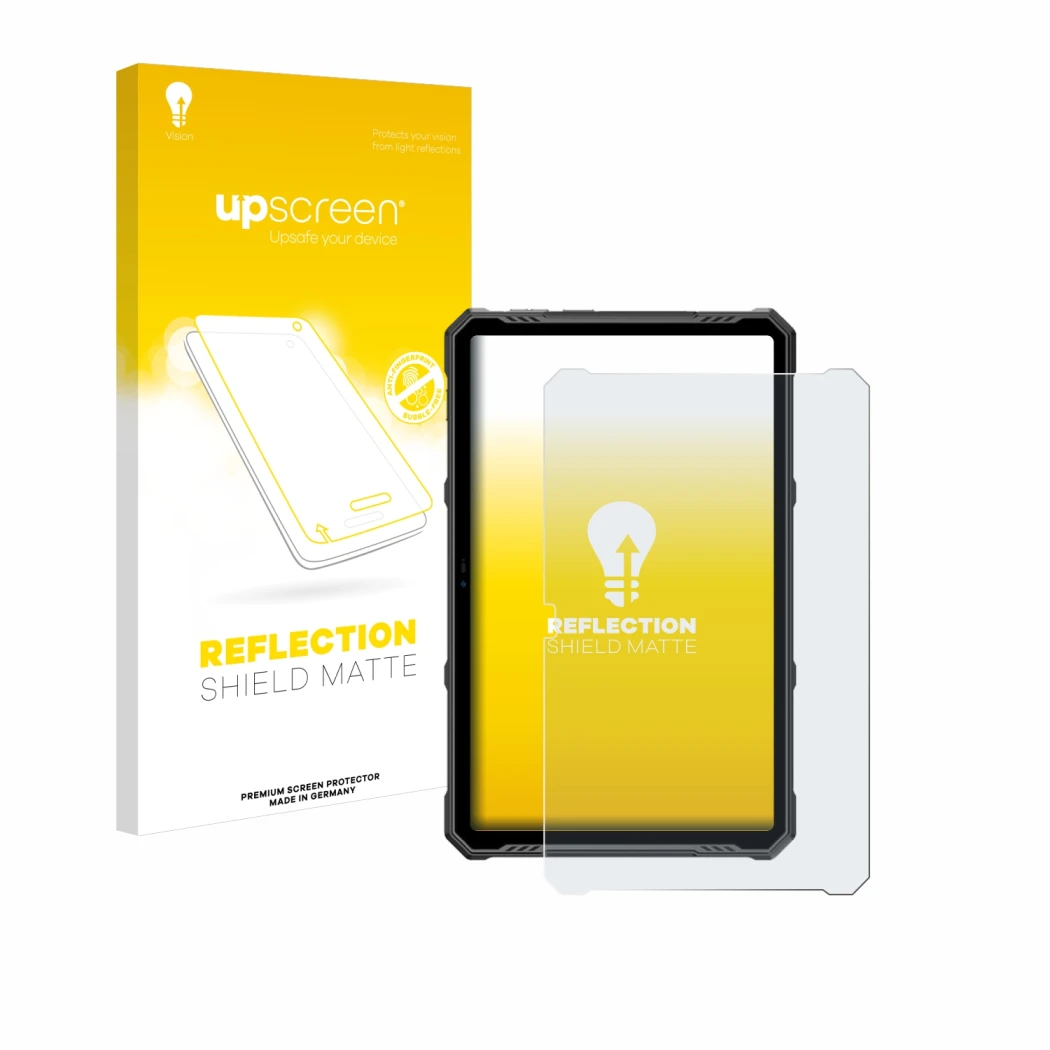 Parte frontal de un envase de producto con el logotipo de la marca upscreen. Al lado se muestra el dispositivo Ulefone Armor P