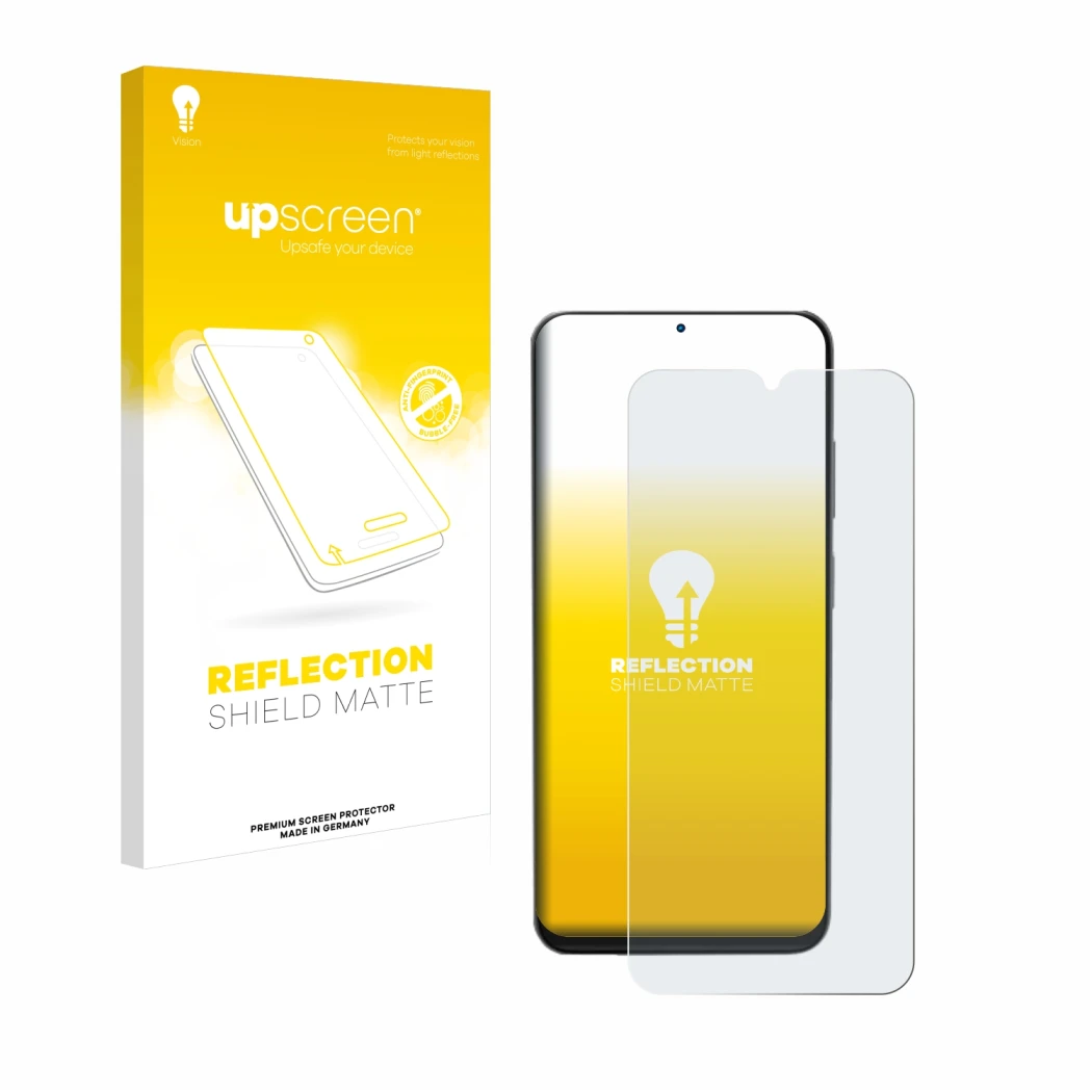 Parte frontal de un envase de producto con el logotipo de la marca upscreen. Al lado se muestra el dispositivo Doogee N55 Pro 