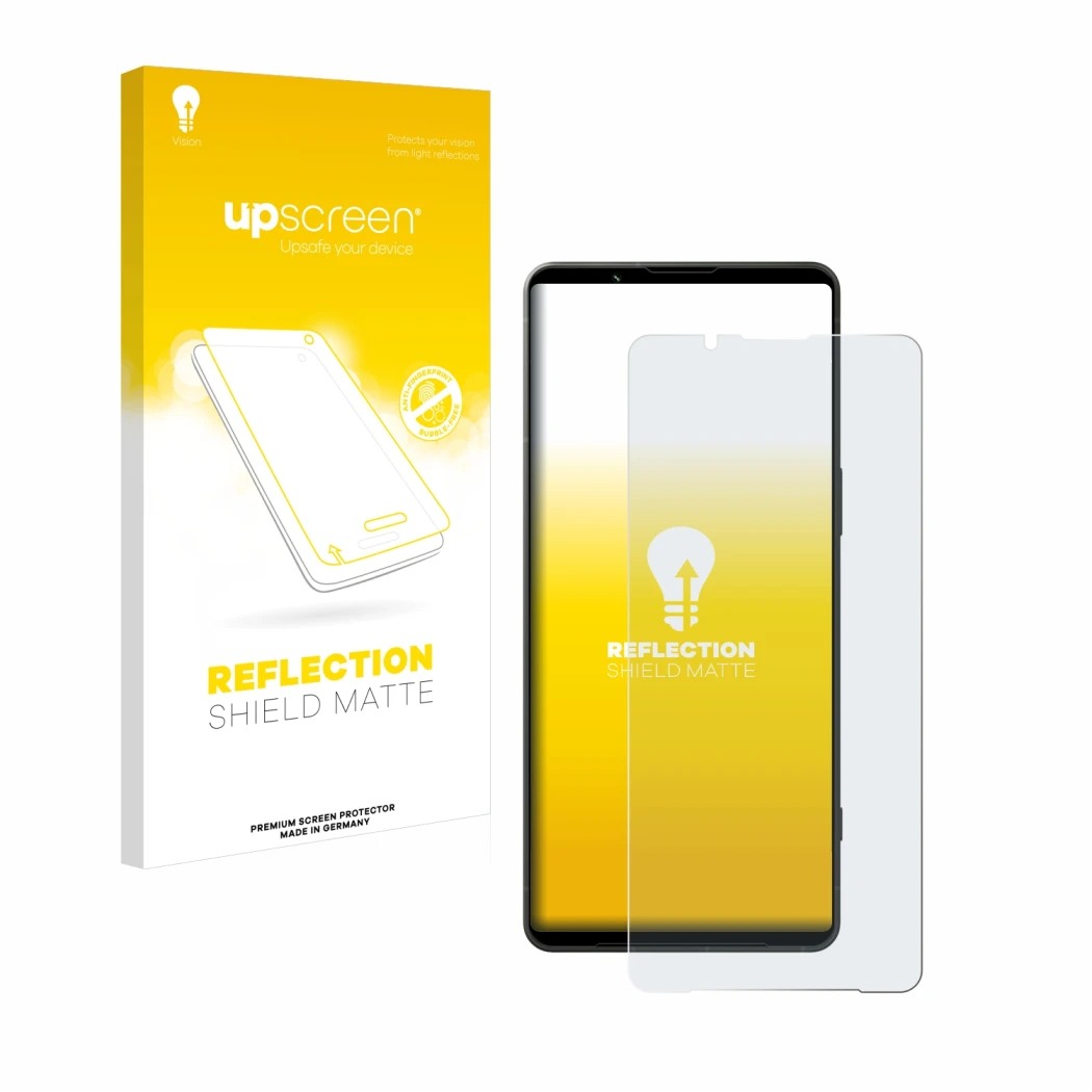 Parte frontal de un envase de producto con el logotipo de la marca upscreen. Al lado se muestra el dispositivo Sony Xperia 1 V