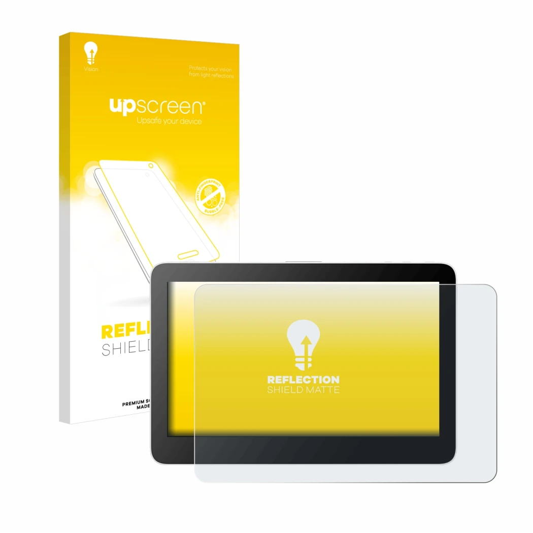 Parte frontal de un envase de producto con el logotipo de la marca upscreen. Al lado se muestra el dispositivo Wacom One 13 To