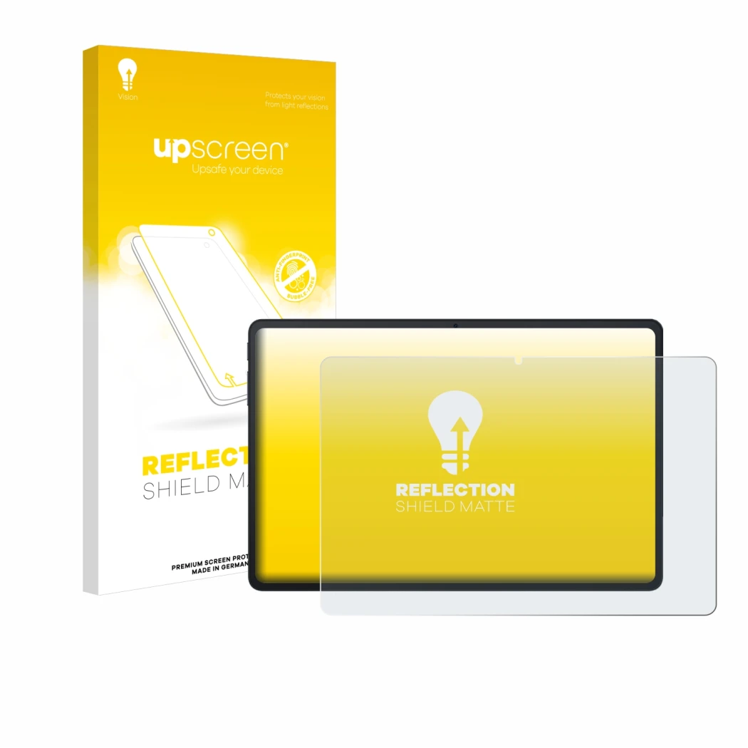 Parte frontal de un envase de producto con el logotipo de la marca upscreen. Al lado se muestra el dispositivo Blackview Tab 9
