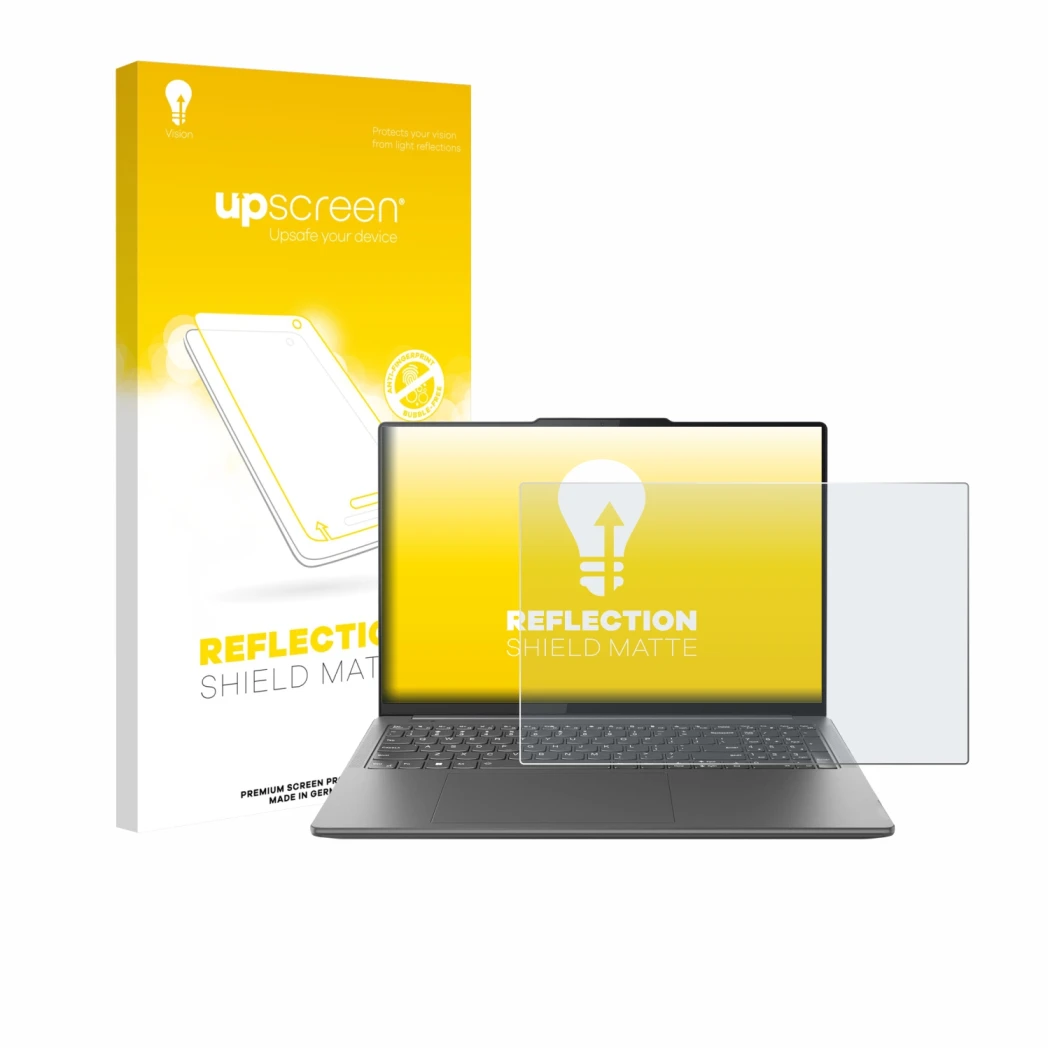 Parte frontal de un envase de producto con el logotipo de la marca upscreen. Al lado se muestra el dispositivo Lenovo Yoga Pro