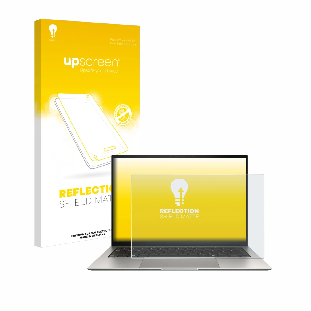 Parte frontal de un envase de producto con el logotipo de la marca upscreen. Al lado se muestra el dispositivo ASUS ZenBook S