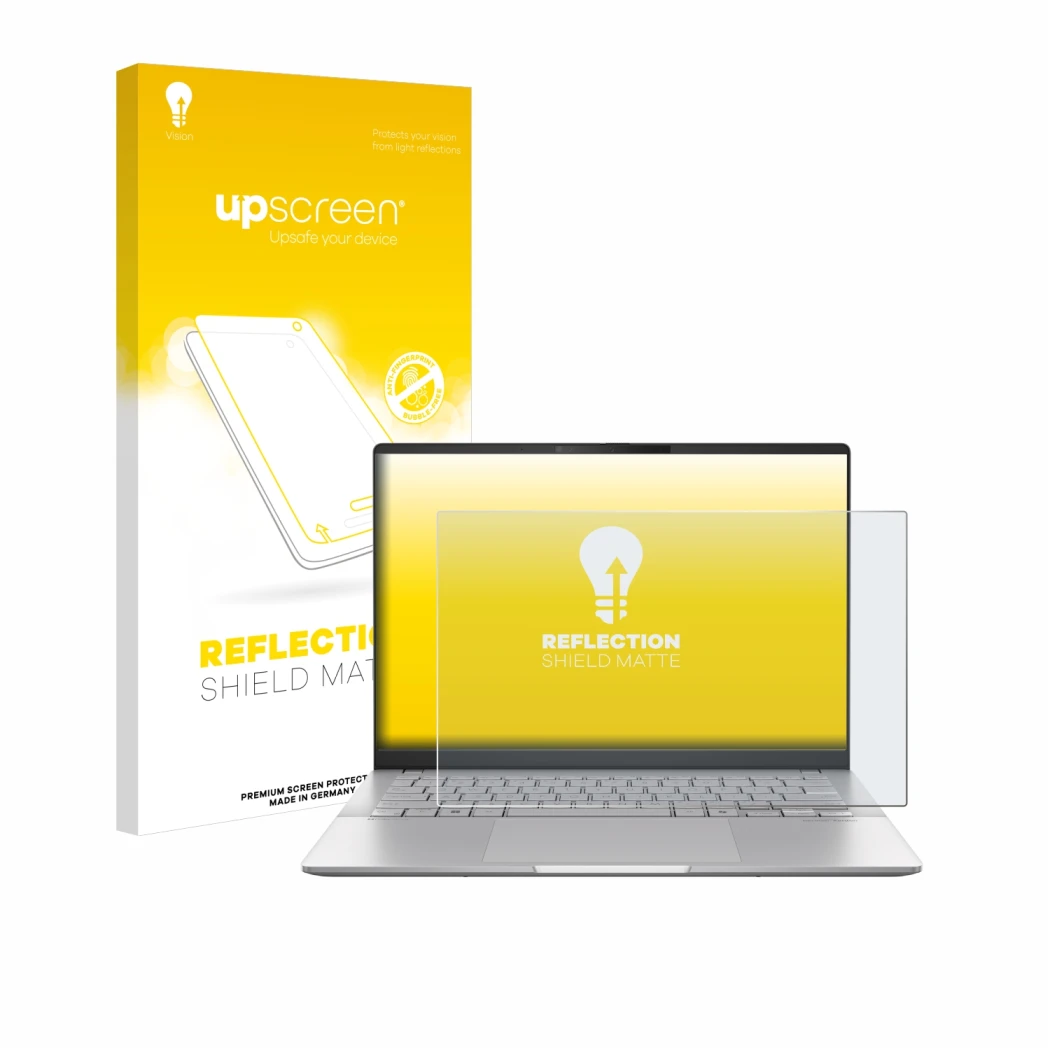 Parte frontal de un envase de producto con el logotipo de la marca upscreen. Al lado se muestra el dispositivo ASUS Vivobook S