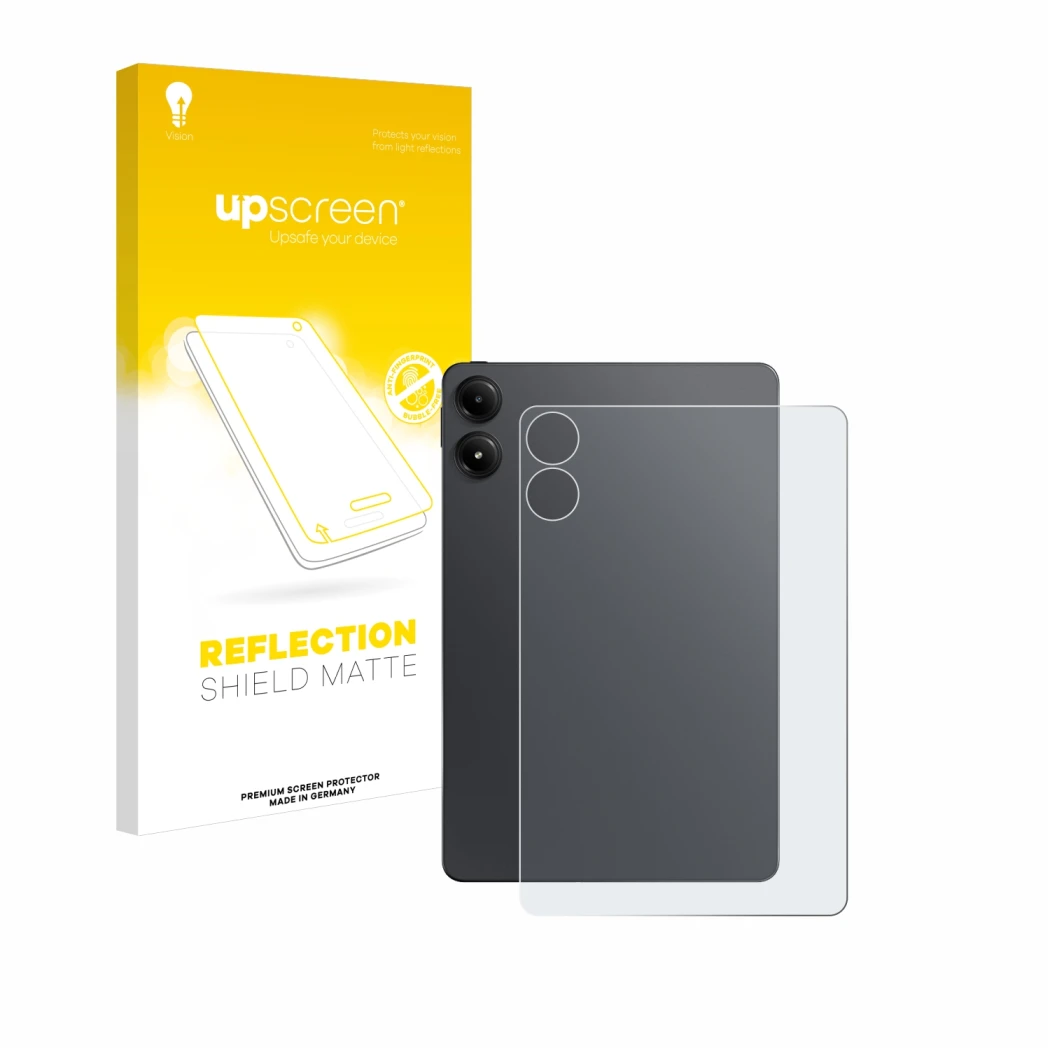 Parte frontal de un envase de producto con el logotipo de la marca upscreen. Al lado se muestra el dispositivo Xiaomi Redmi Pa
