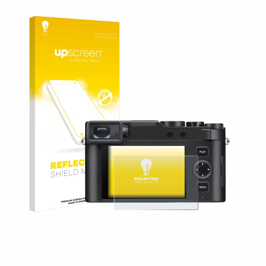 Parte frontal de un envase de producto con el logotipo de la marca upscreen. Al lado se muestra el dispositivo Leica D-Lux 8 c