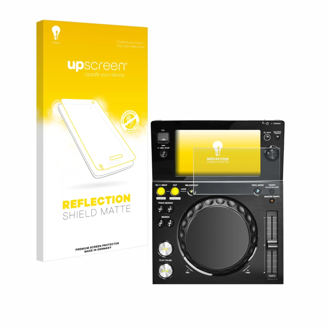 Parte frontal de un envase de producto con el logotipo de la marca upscreen. Al lado se muestra el dispositivo Pioneer XDJ -70