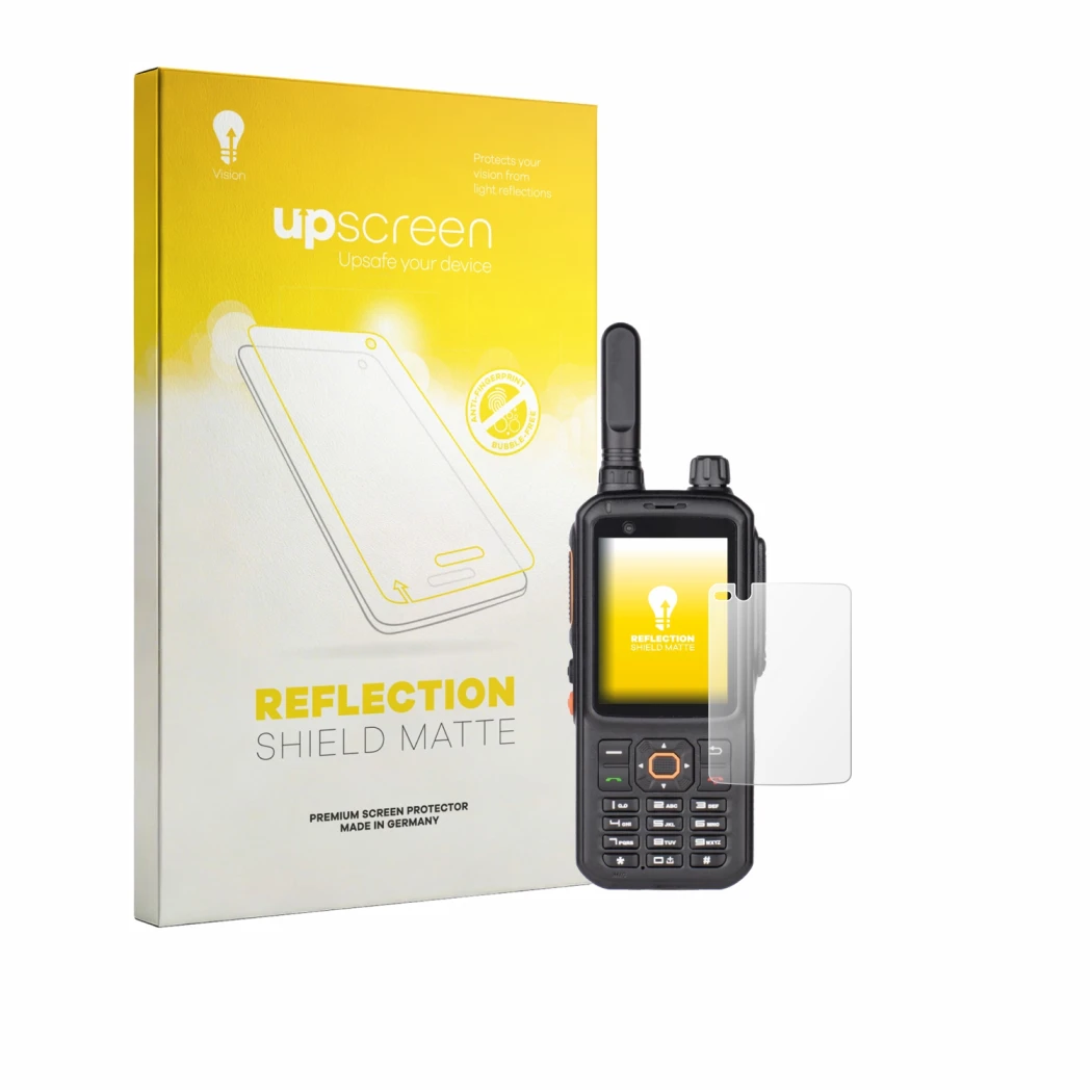 Parte frontal de un envase de producto con el logotipo de la marca upscreen. Al lado se muestra el dispositivo Inrico T320 con