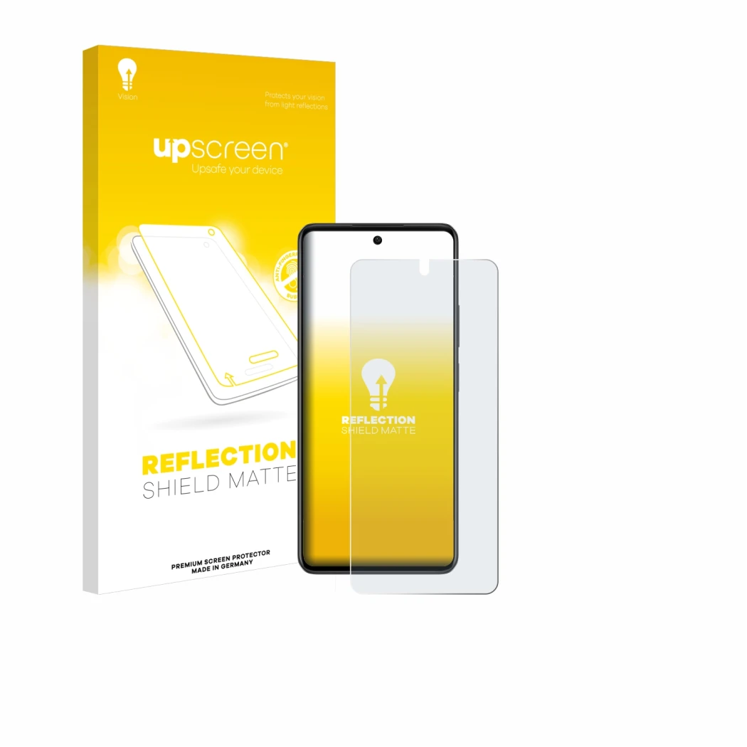 Parte frontal de un envase de producto con el logotipo de la marca upscreen. Al lado se muestra el dispositivo Oppo A79 5G con