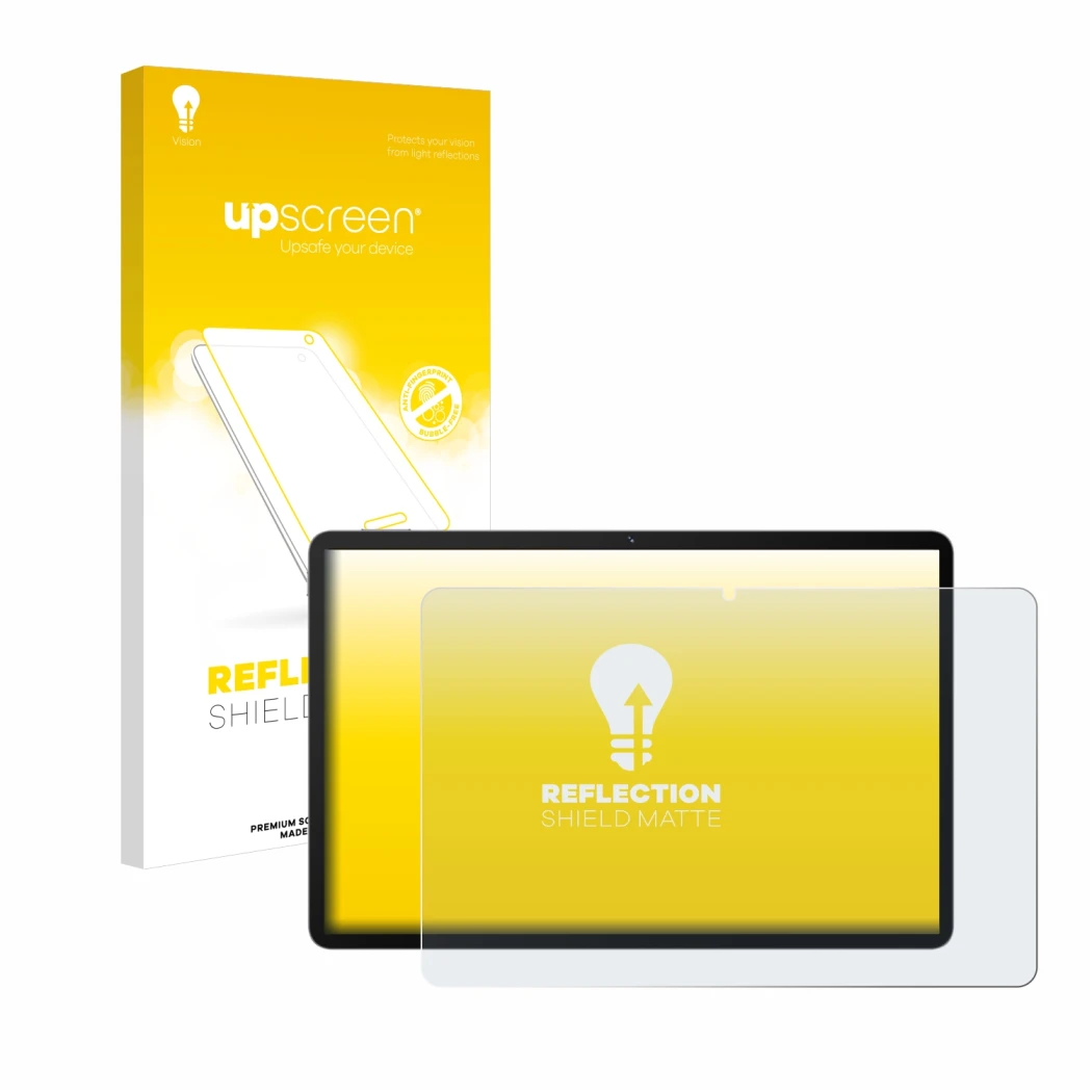 Parte frontal de un envase de producto con el logotipo de la marca upscreen. Al lado se muestra el dispositivo Huawei MatePad