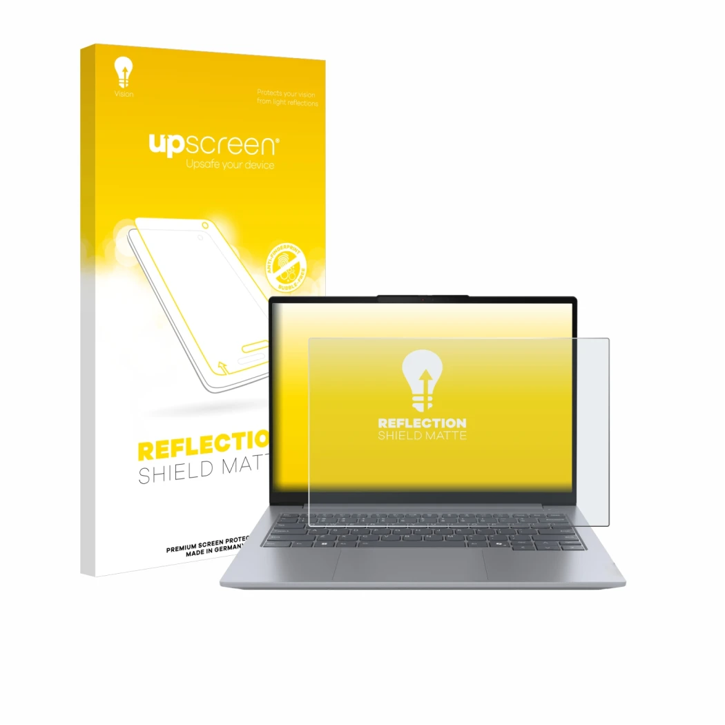 Parte frontal de un envase de producto con el logotipo de la marca upscreen. Al lado se muestra el dispositivo Lenovo ThinkBoo