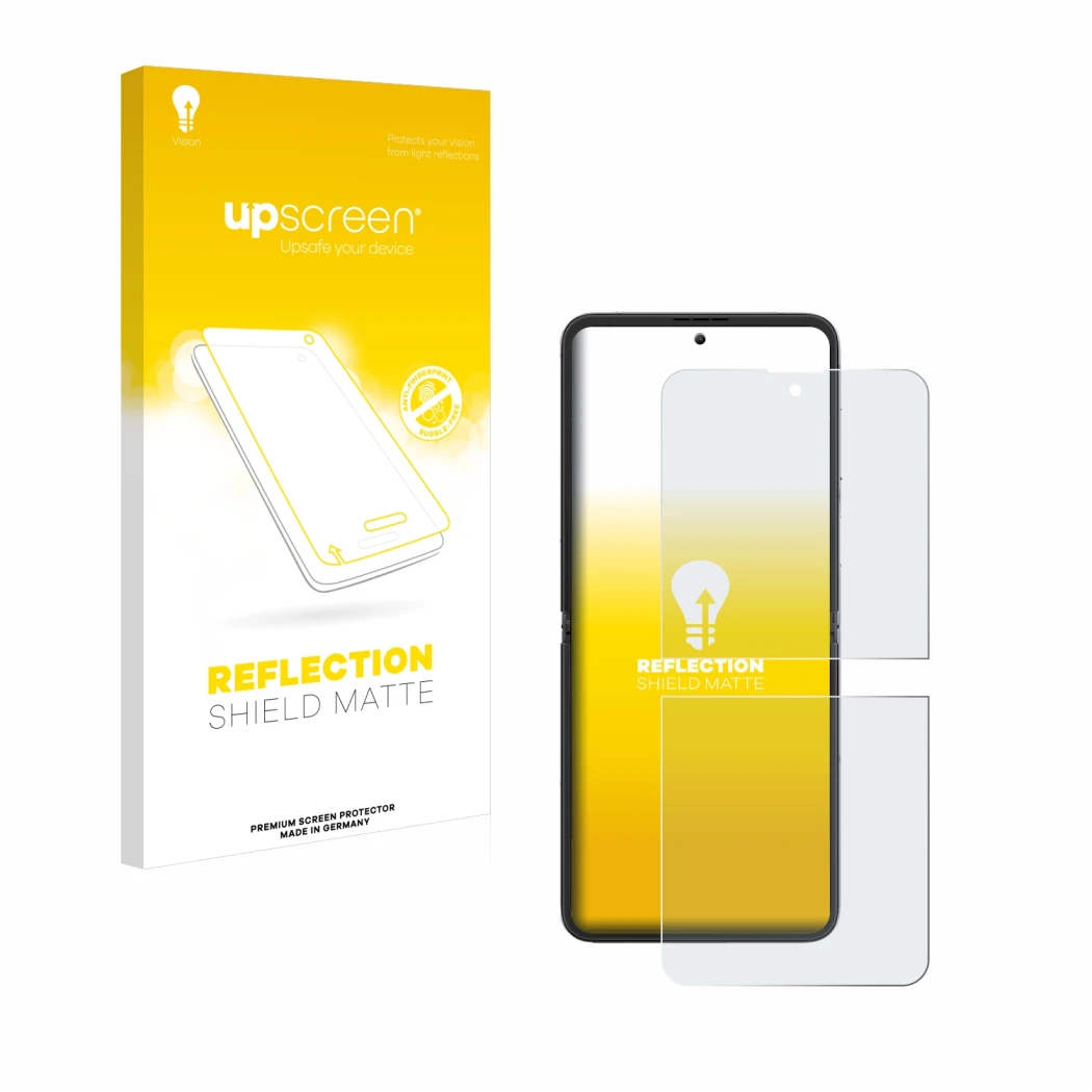 Parte frontal de un envase de producto con el logotipo de la marca upscreen. Al lado se muestra el dispositivo Blackview Hero 