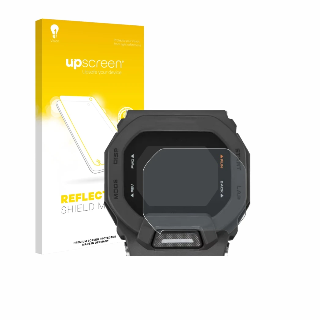 Parte frontal de un envase de producto con el logotipo de la marca upscreen. Al lado se muestra el dispositivo Casio G-Shock G