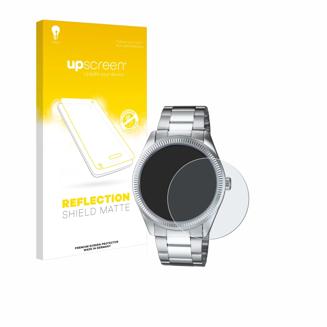 Parte frontal de un envase de producto con el logotipo de la marca upscreen. Al lado se muestra el dispositivo Casio MTP-1302P