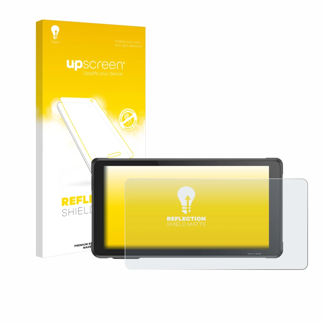Parte frontal de un envase de producto con el logotipo de la marca upscreen. Al lado se muestra el dispositivo Interphone Ride
