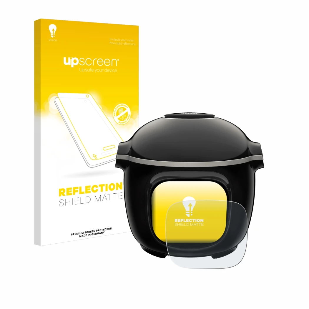 Parte frontal de un envase de producto con el logotipo de la marca upscreen. Al lado se muestra el dispositivo Moulinex Cookeo