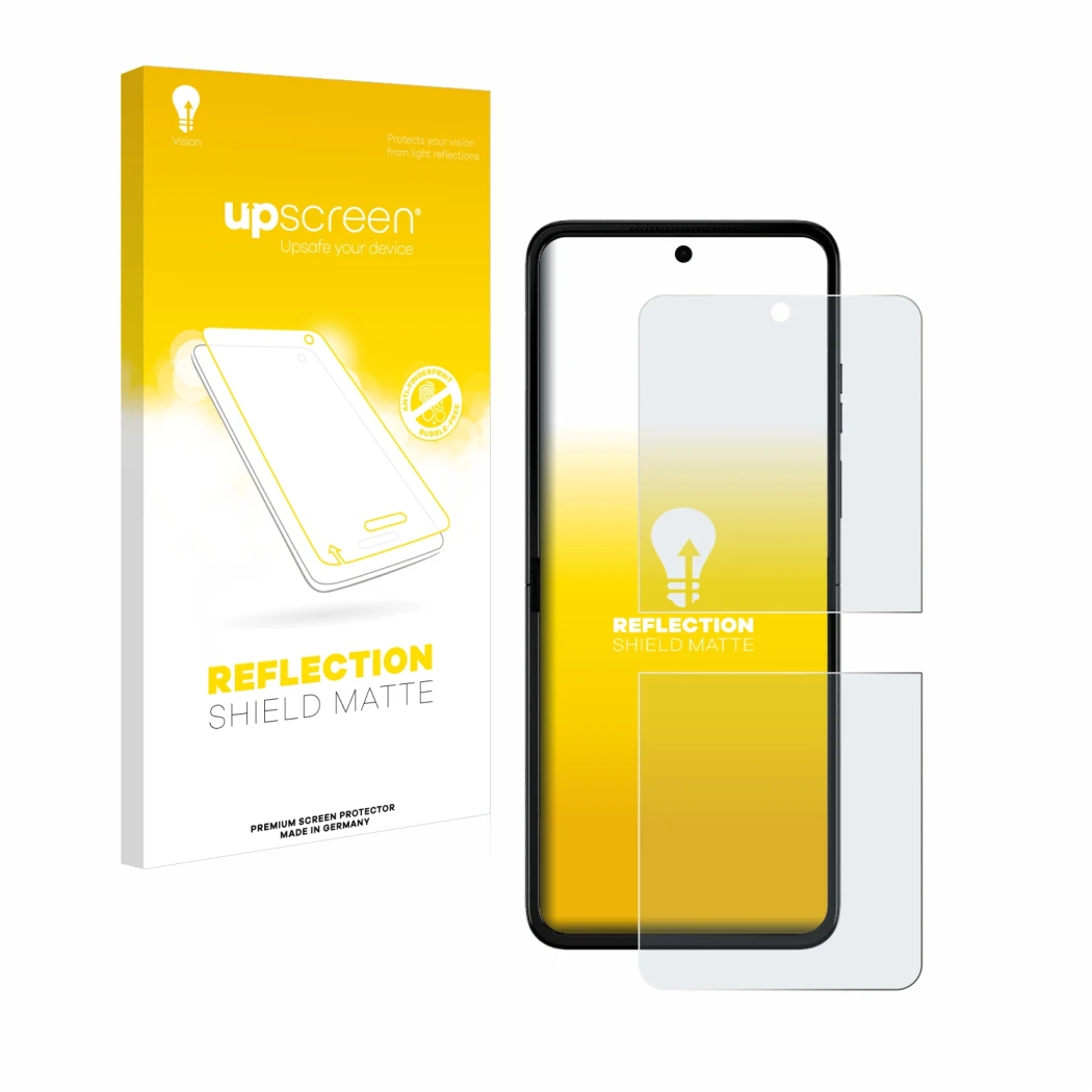 Parte frontal de un envase de producto con el logotipo de la marca upscreen. Al lado se muestra el dispositivo Motorola Razr 5