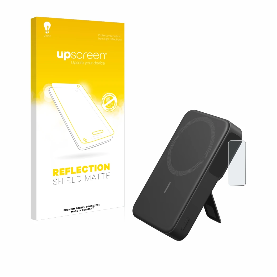 Parte frontal de un envase de producto con el logotipo de la marca upscreen. Al lado se muestra el dispositivo Anker MagGo con
