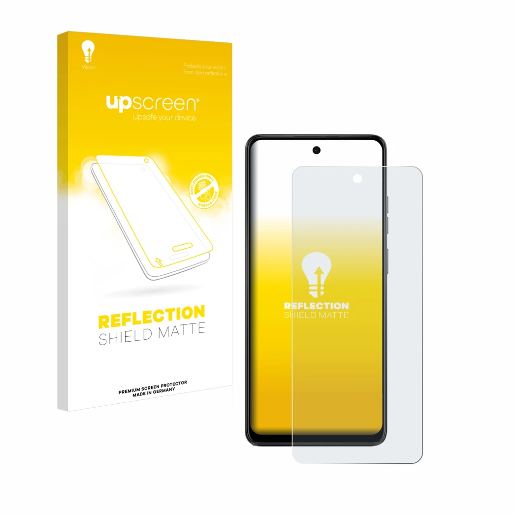 Parte frontal de un envase de producto con el logotipo de la marca upscreen. Al lado se muestra el dispositivo Motorola Moto E