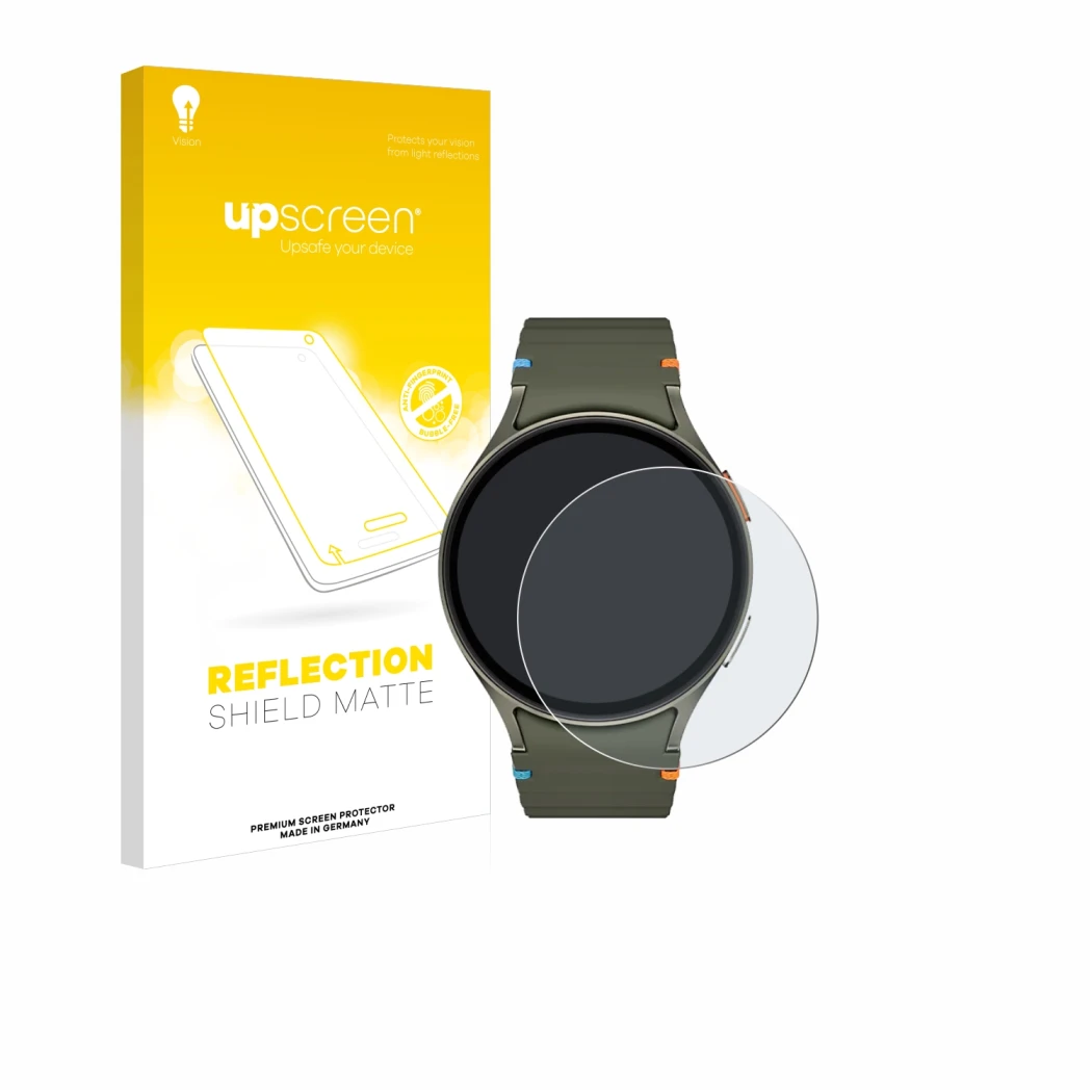 Parte frontal de un envase de producto con el logotipo de la marca upscreen. Al lado se muestra el dispositivo Samsung Galaxy 