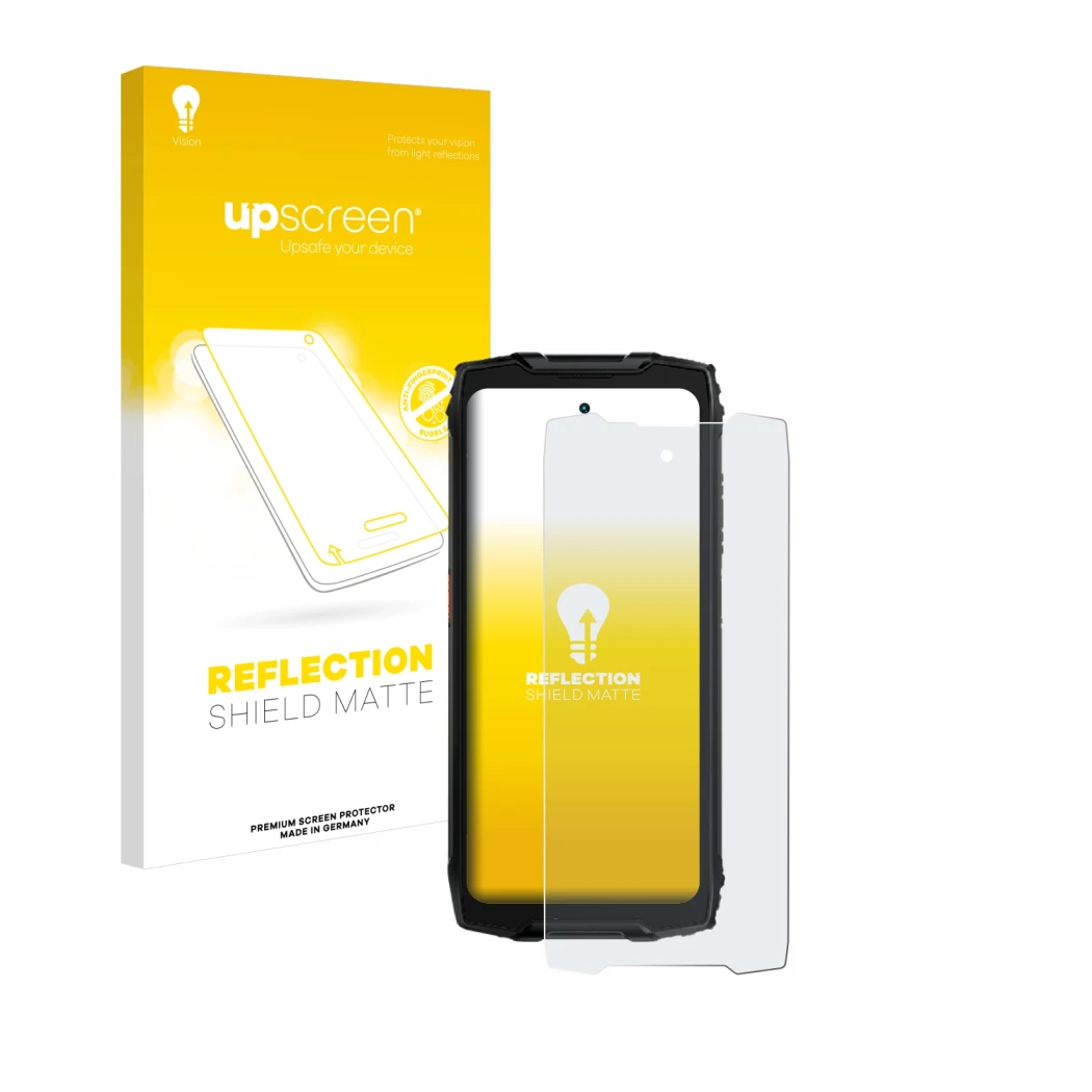 Parte frontal de un envase de producto con el logotipo de la marca upscreen. Al lado se muestra el dispositivo Blackview BV930