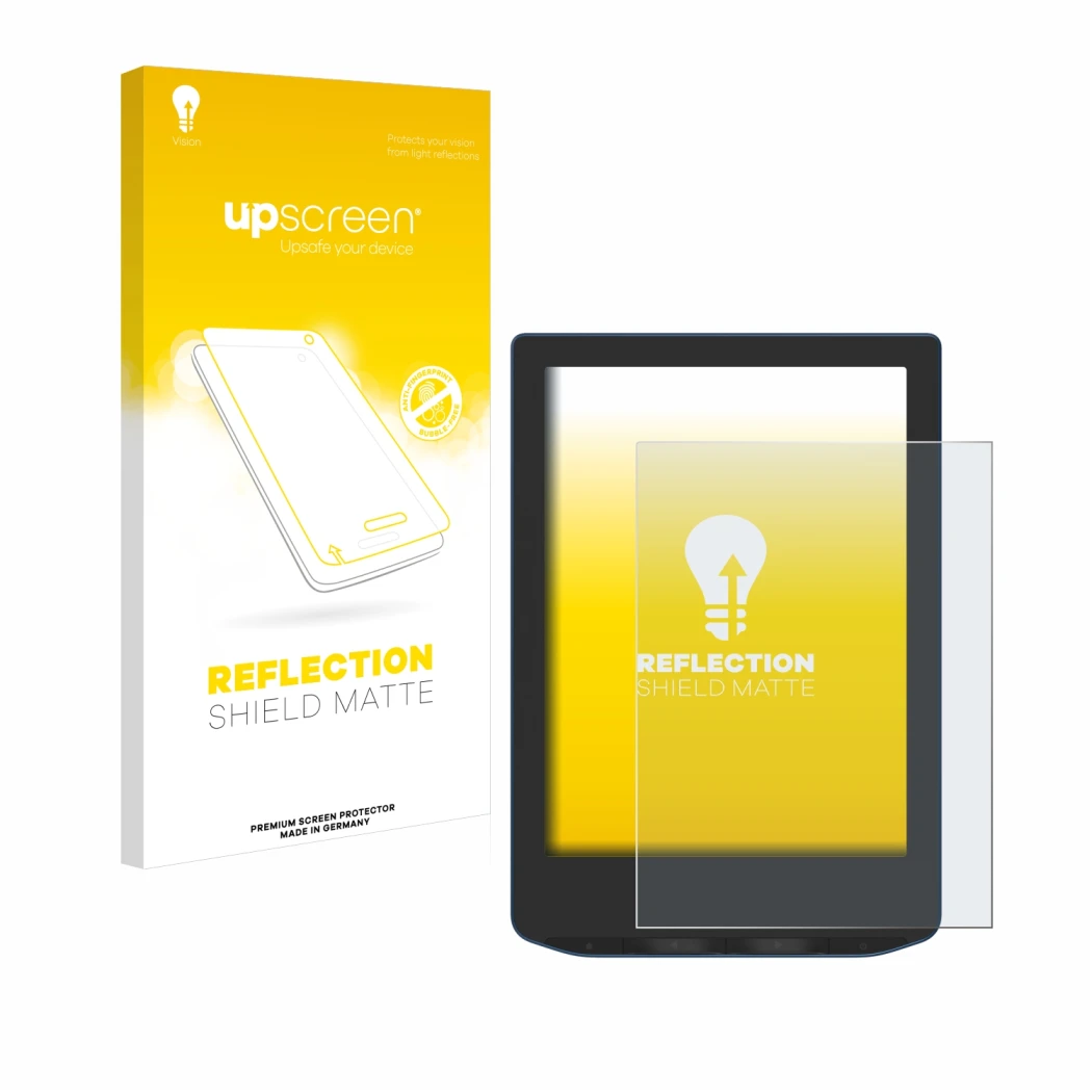 Parte frontal de un envase de producto con el logotipo de la marca upscreen. Al lado se muestra el dispositivo PocketBook Vers