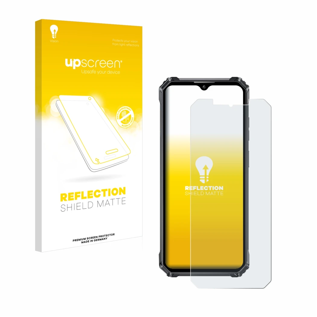 Parte frontal de un envase de producto con el logotipo de la marca upscreen. Al lado se muestra el dispositivo Oukitel WP28E c