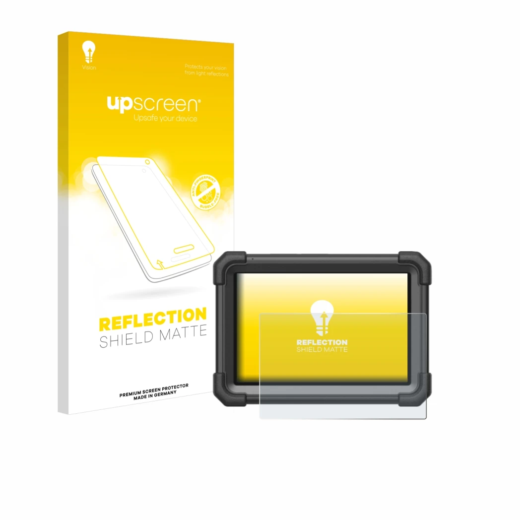 Parte frontal de un envase de producto con el logotipo de la marca upscreen. Al lado se muestra el dispositivo Launch X-431 Pr