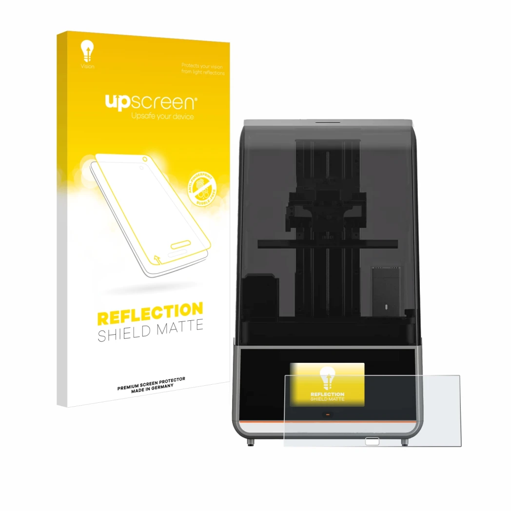 Parte frontal de un envase de producto con el logotipo de la marca upscreen. Al lado se muestra el dispositivo Anycubic Photon