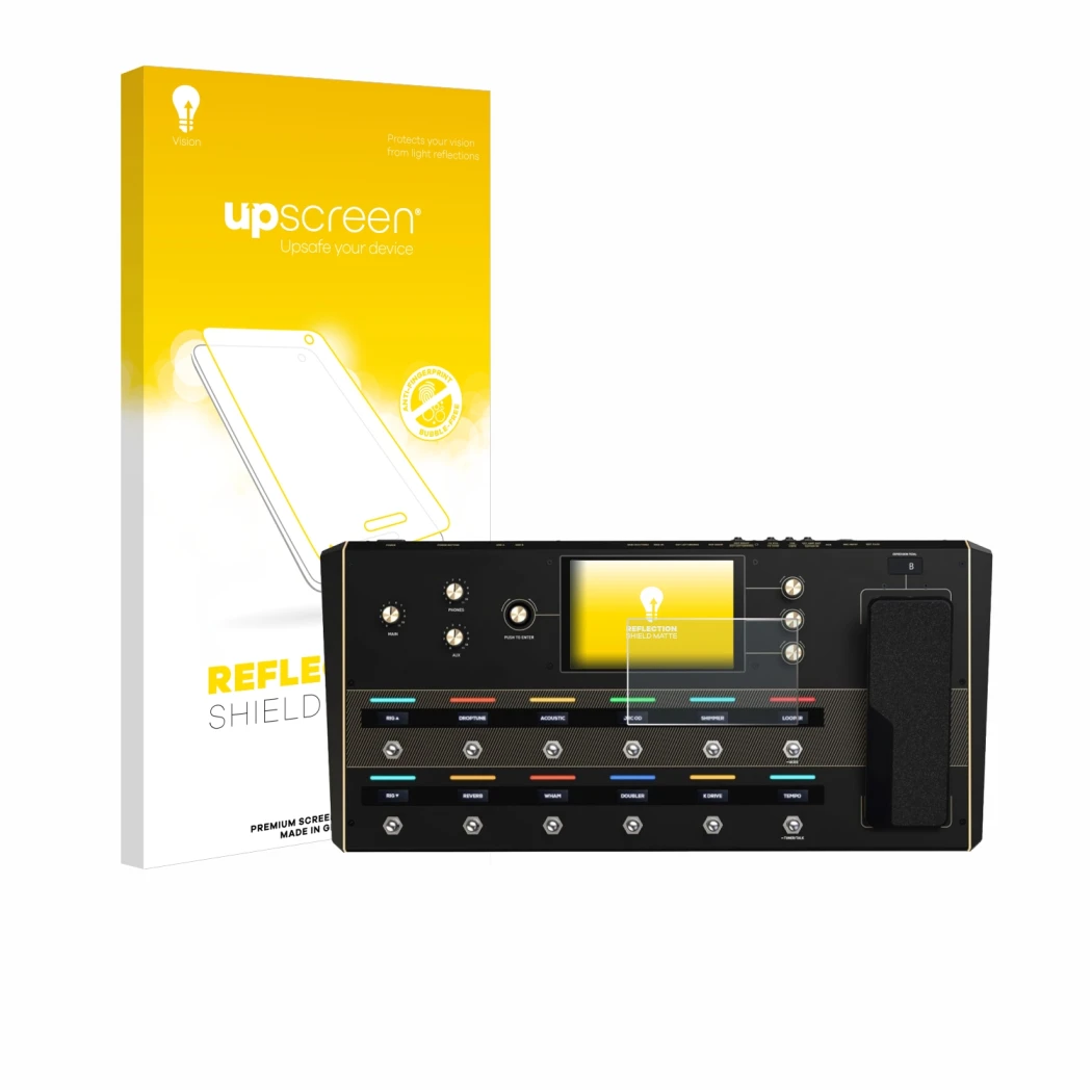 Parte frontal de un envase de producto con el logotipo de la marca upscreen. Al lado se muestra el dispositivo Headrush Prime 