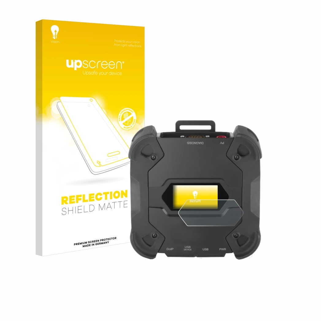 Parte frontal de un envase de producto con el logotipo de la marca upscreen. Al lado se muestra el dispositivo Texa TXT MULTIH