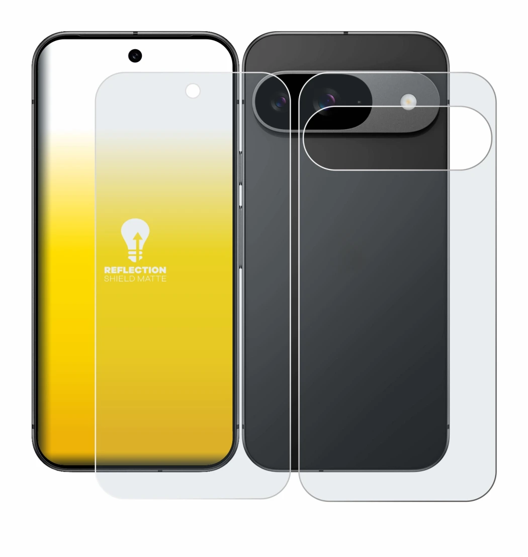 Imagen del dispositivo Google Pixel 9 (Frontal+Trasero) con una amplia variedad de protectores de pantalla.