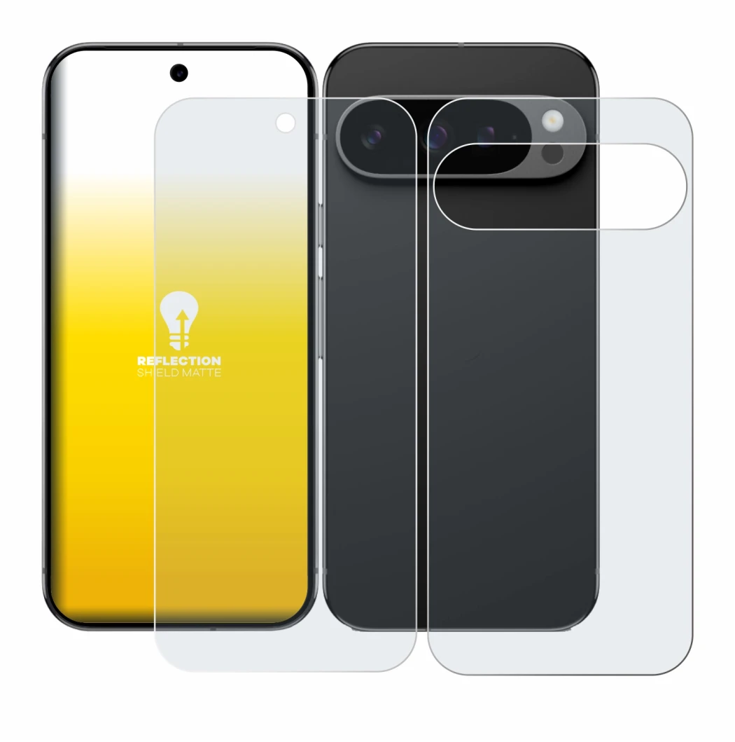 Imagen del dispositivo Google Pixel 9 Pro (Frontal+Trasero) con una amplia variedad de protectores de pantalla.