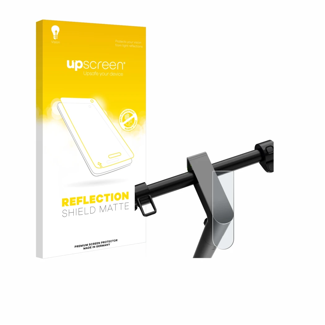 Parte frontal de un envase de producto con el logotipo de la marca upscreen. Al lado se muestra el dispositivo Navee S65 con s