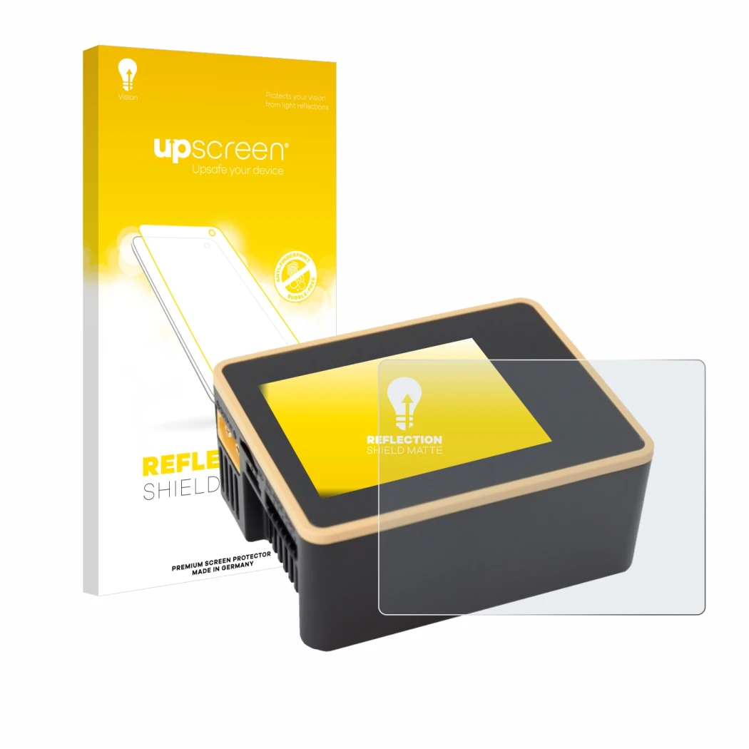 Parte frontal de un envase de producto con el logotipo de la marca upscreen. Al lado se muestra el dispositivo Junsi iCharger