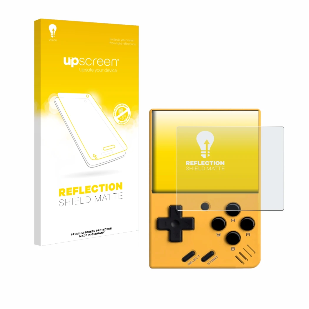 Parte frontal de un envase de producto con el logotipo de la marca upscreen. Al lado se muestra el dispositivo Miyoo Mini V4 c