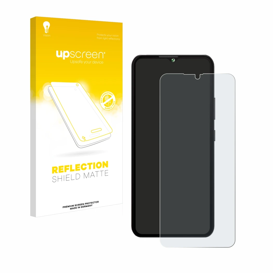 Parte frontal de un envase de producto con el logotipo de la marca upscreen. Al lado se muestra el dispositivo Cubot A10 con s