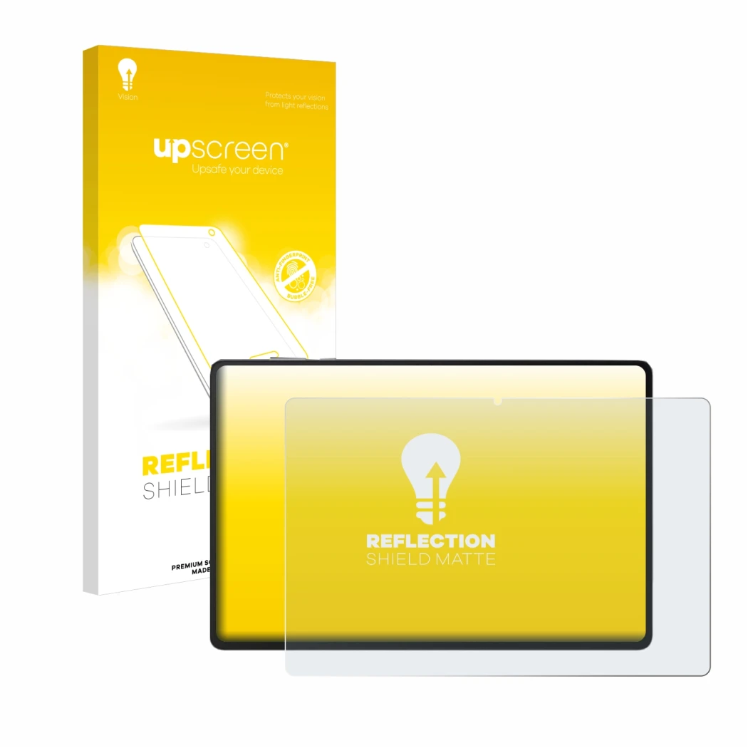 Parte frontal de un envase de producto con el logotipo de la marca upscreen. Al lado se muestra el dispositivo Honor Pad X8a c