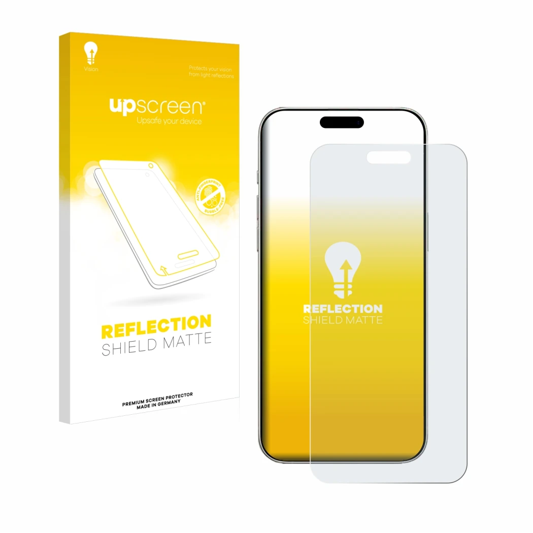 Parte frontal de un envase de producto con el logotipo de la marca upscreen. Al lado se muestra el dispositivo Apple iPhone 16