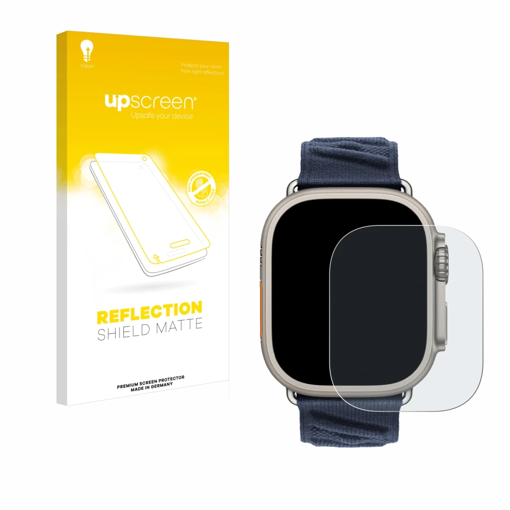 Parte frontal de un envase de producto con el logotipo de la marca upscreen. Al lado se muestra el dispositivo Apple Watch Her