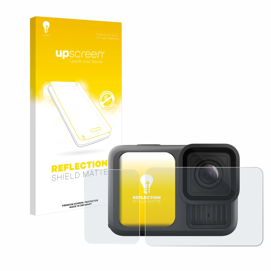 Parte frontal de un envase de producto con el logotipo de la marca upscreen. Al lado se muestra el dispositivo GoPro Hero 13 B