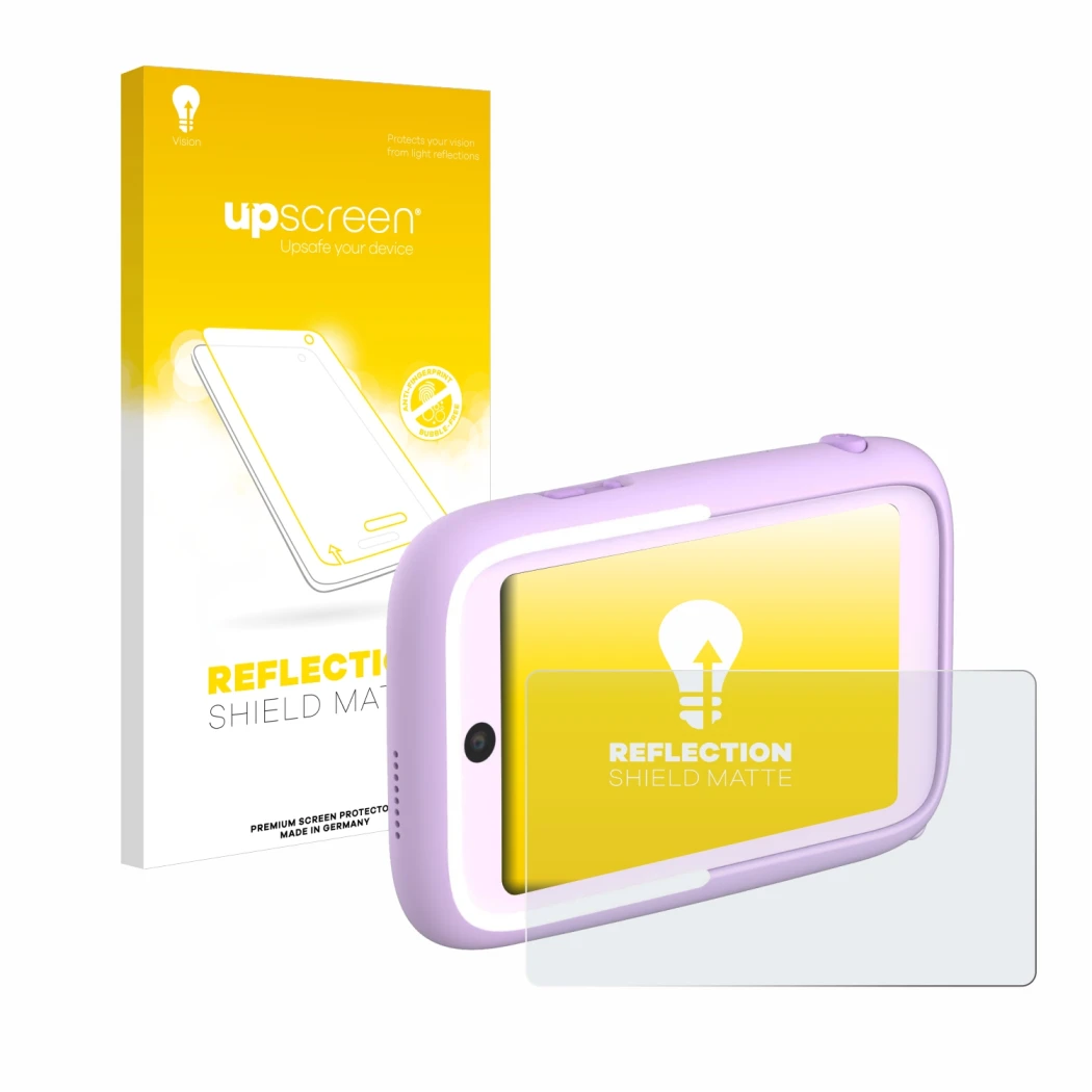 Parte frontal de un envase de producto con el logotipo de la marca upscreen. Al lado se muestra el dispositivo Myfirst Camera