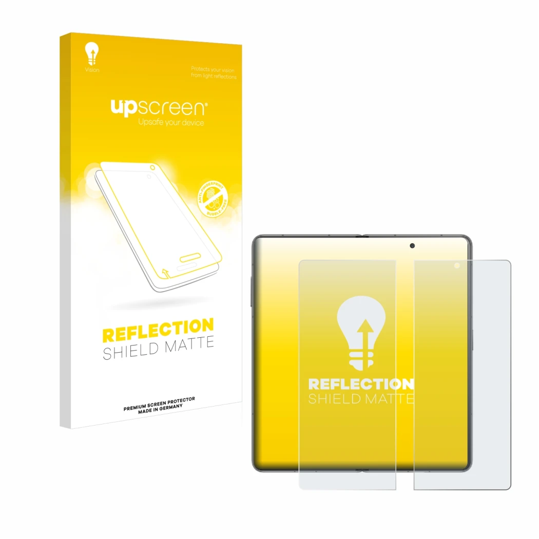 Parte frontal de un envase de producto con el logotipo de la marca upscreen. Al lado se muestra el dispositivo Honor Magic V3